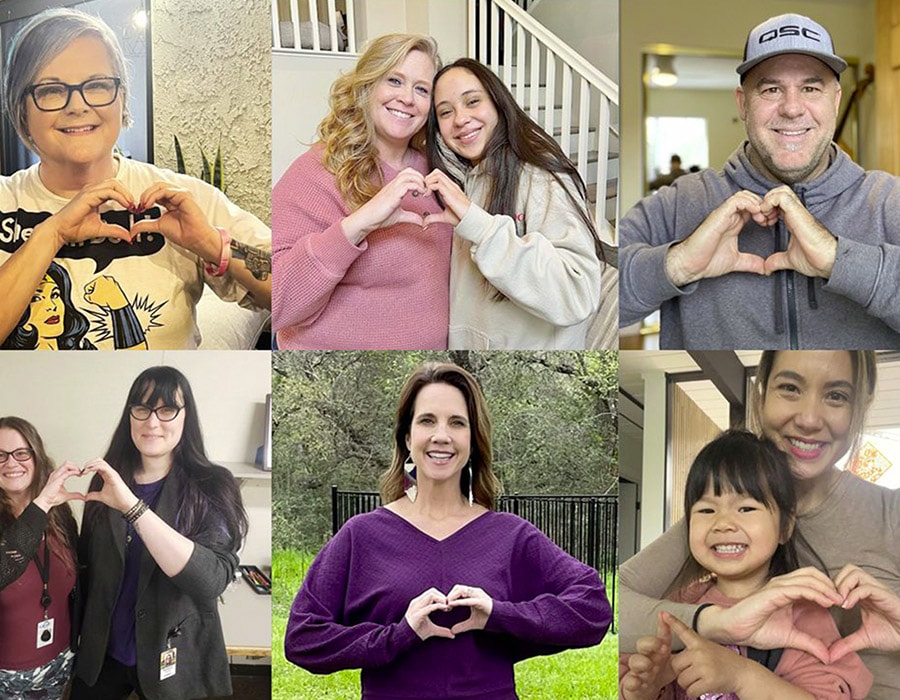 Collage of diverse people making heart shapes with their hands.