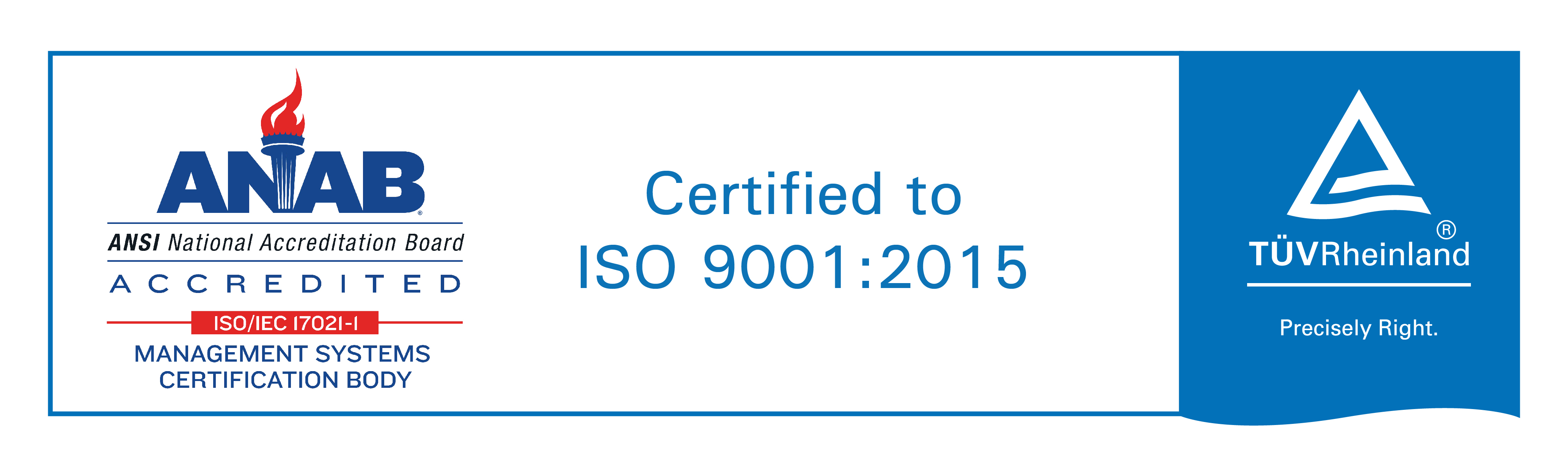 ANAB and TUV Rheinland badges, image text: Certified to ISO 9001:2015