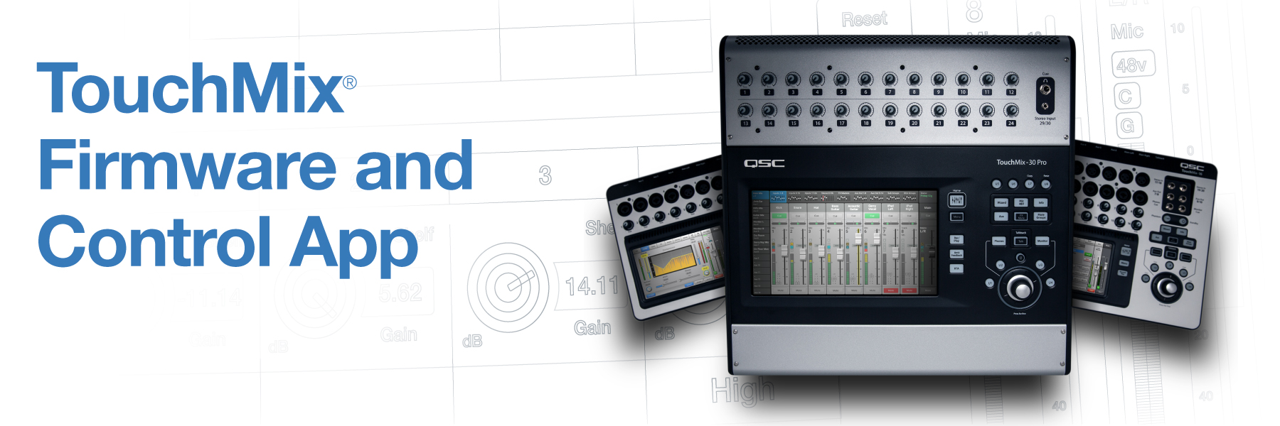 Image of TouchMix Digital Mixers, Image text: TouchMix Firmware and Control App